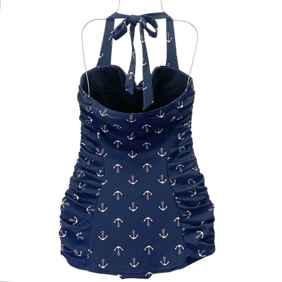 Unique Vintage Anchor Swimsuit Dress Navy Blue Halter One Piece Size Large Retro - Picture 3 of 14